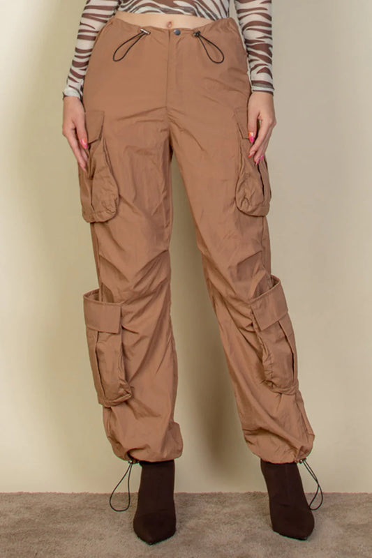 Flap Pockets Drawstring Ruched Parachute Pants (CAPELLA)